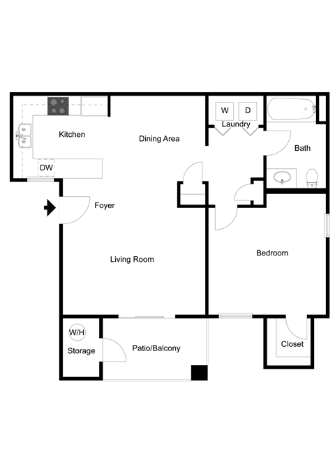 Floor plan for 1 bed, 1 bath, 776 sqft